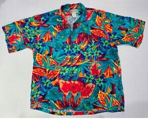 Vintage Hilo Hattie Hawaiian Shirt XL Rayon Tropical Floral Aloha Made Hawaii